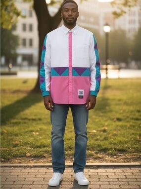 NWT Fumito Ganryu Colour Block Windbreaker Shirt Men's Size 1 Pink Blue Purple